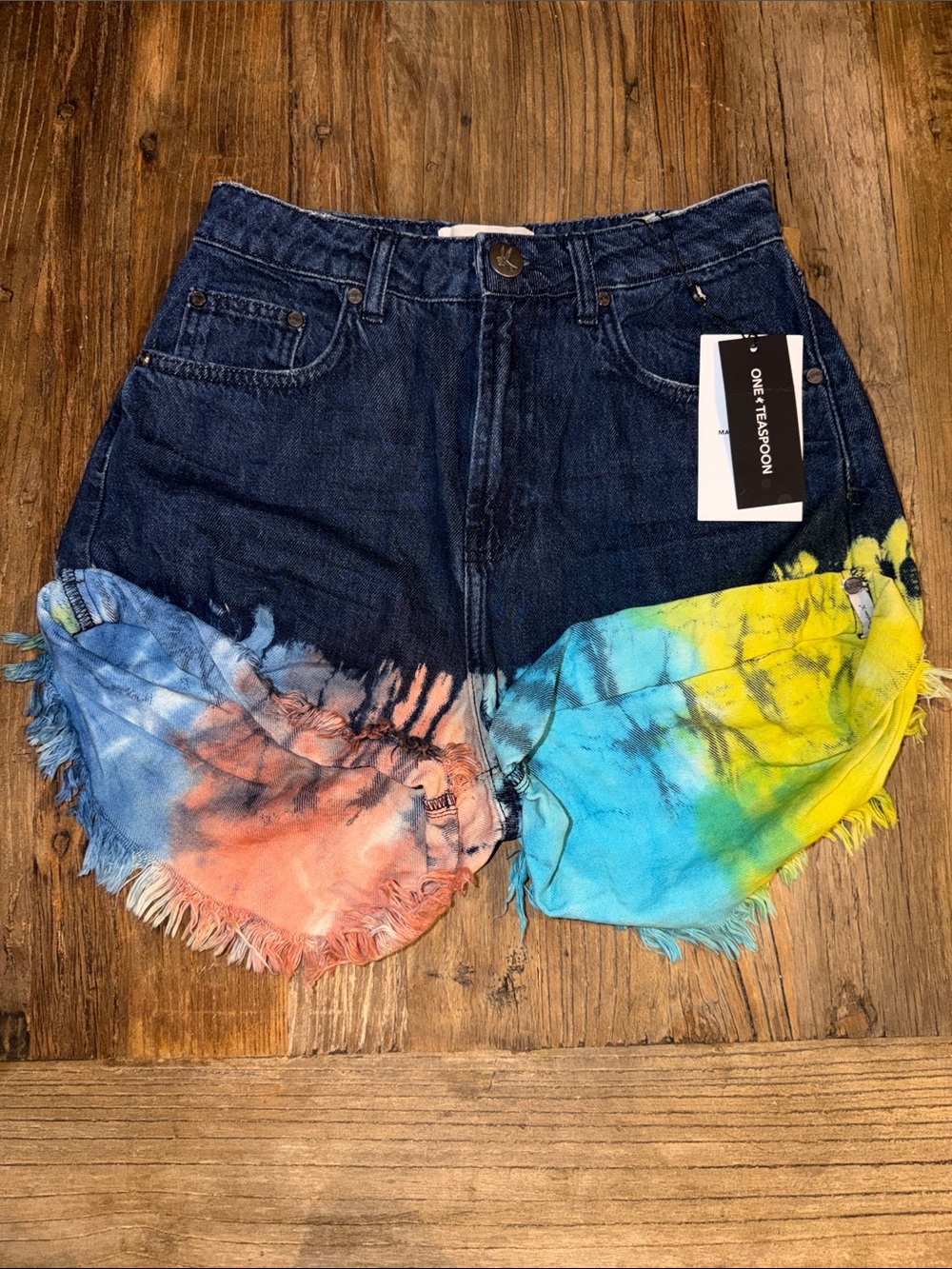 One Teaspoon Dark Indigo Denim Shorts with Blue, Yellow & Coral Tie-Dye Hem